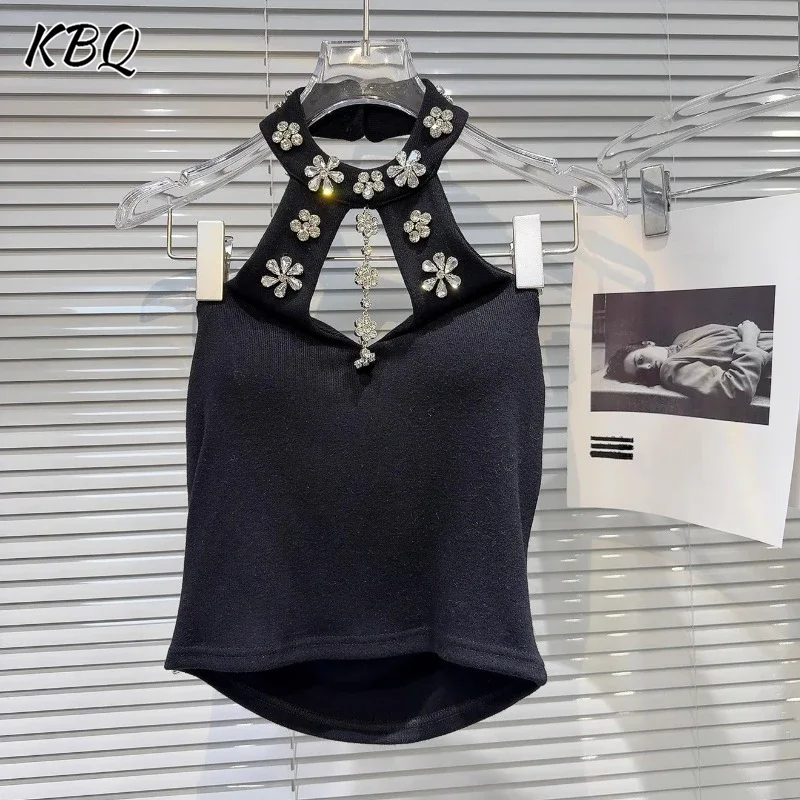 KBQ Elegant Solid Spliced Floral Diamonds Slimming Vest For Women Halter Sleeveless Backkless Temperament Tank Tops Female New