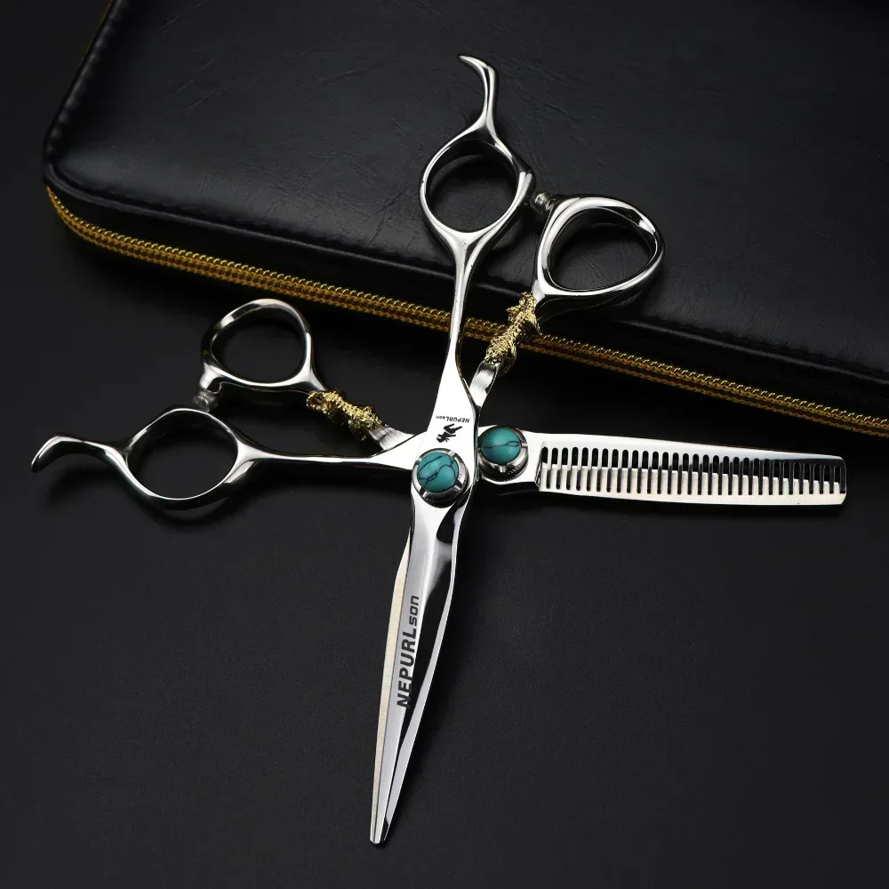 

Professional 440c steel 6 '' green gem hair scissors cutting barber tools Tiger haircut thinning shears hairdresser scissors