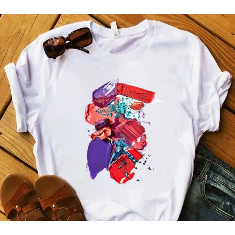 Explosive European and American Nail Polish Simple Women's Casual Cute Large Size Short-sleeved T-shirt Women Clothes Tops