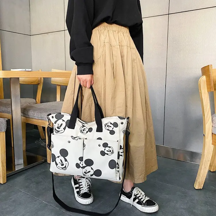 High Capacity Canvas Handbags Female Students Mickey Full Print Simple Casual All-match Cartoon Trend Messenger Bags With Zipper