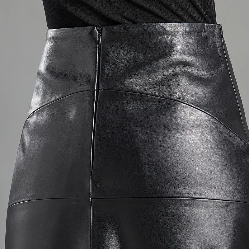 Women PU Leather Midi Skirt Rear Zipper Chic Office Black High Matte Waisted A-line Pencil Skirts Soft Elegant 2023 Winter