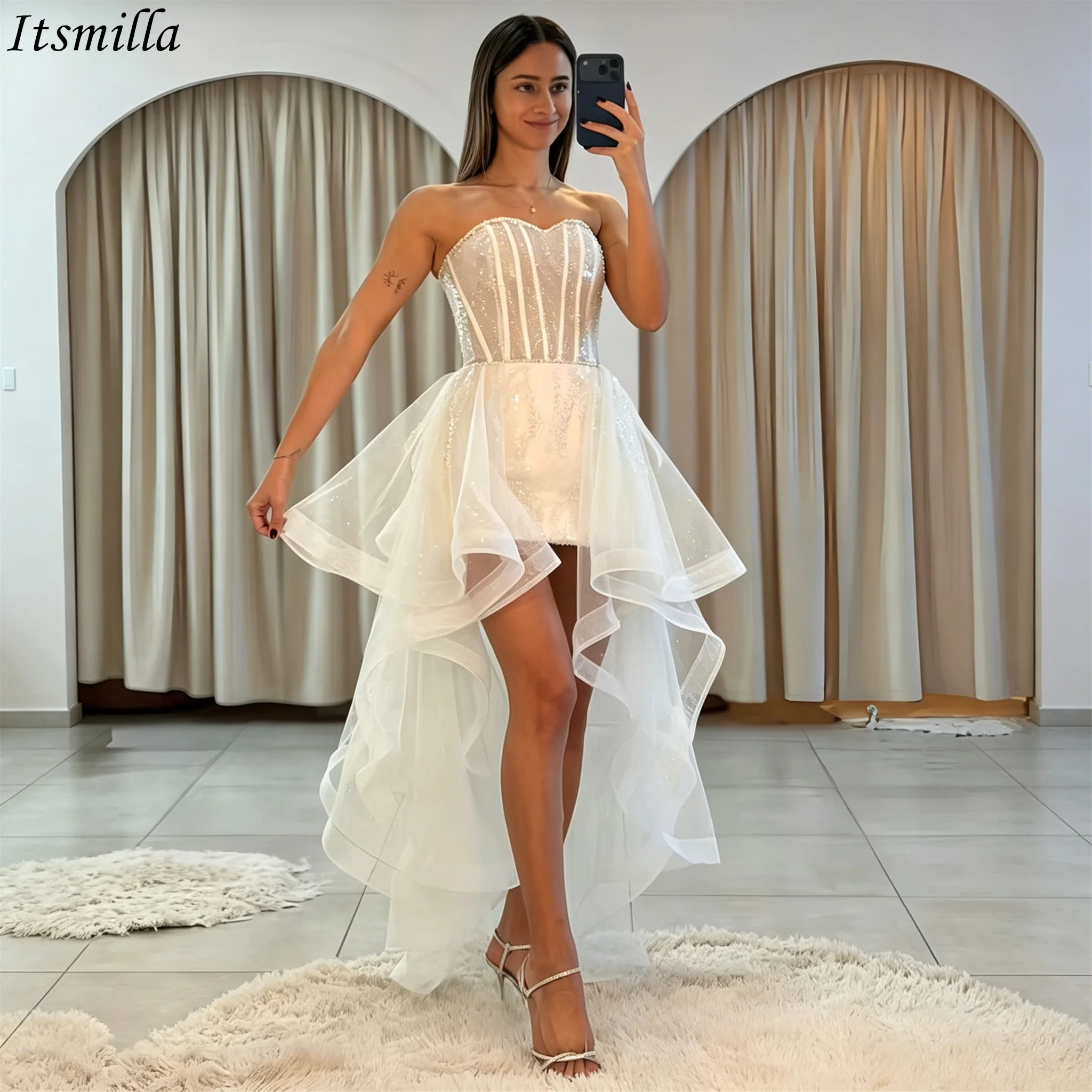 Itsmilla Ivory Sweetheart Sequin Corset Prom Evening Dresses High Low Ruffle Glitter Tulle Women Graduation Formal Party Gowns
