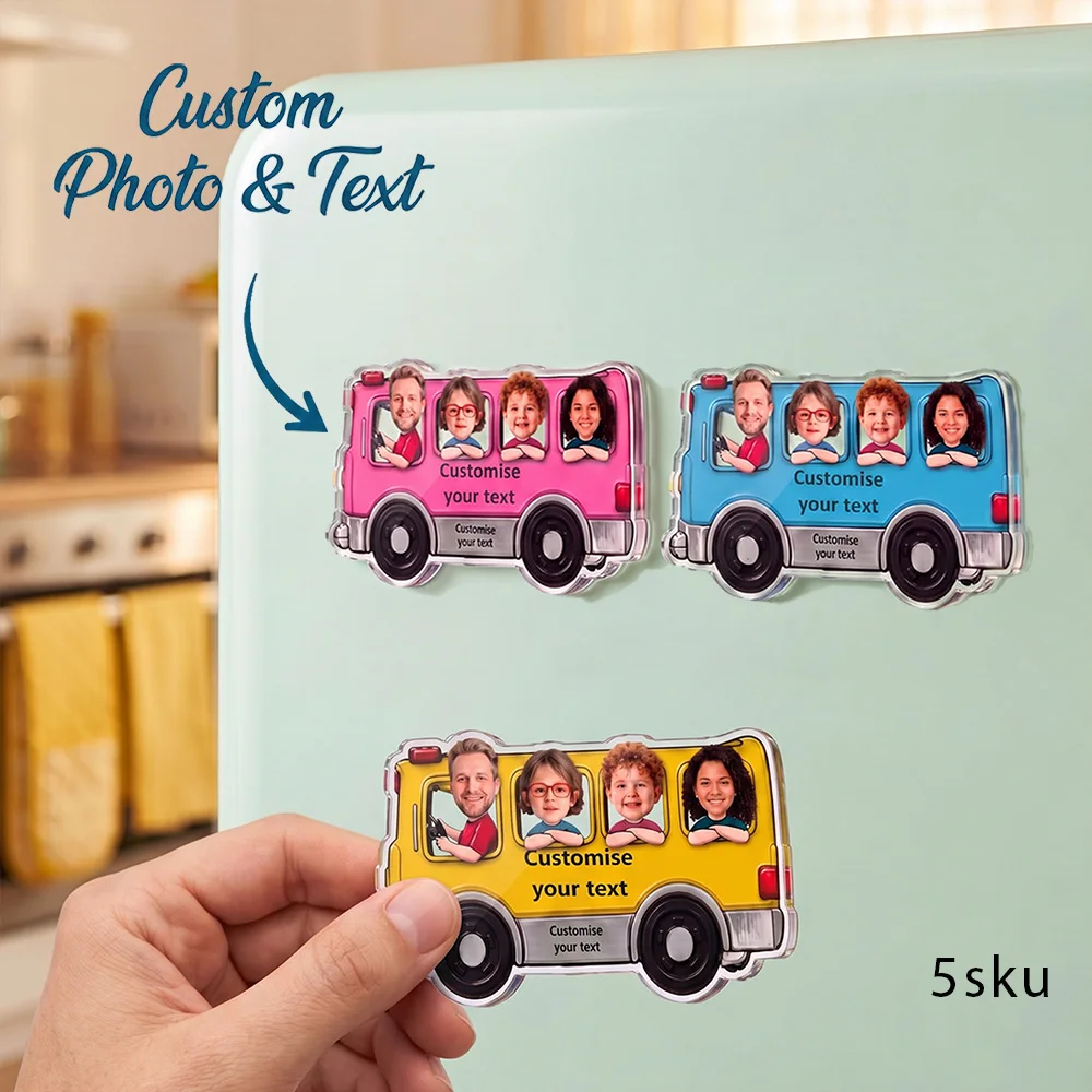 Personalized School Bus Photo Fridge Magnet,4 Photo Windows Refrigerator Decor, Back to School GiftDecoration