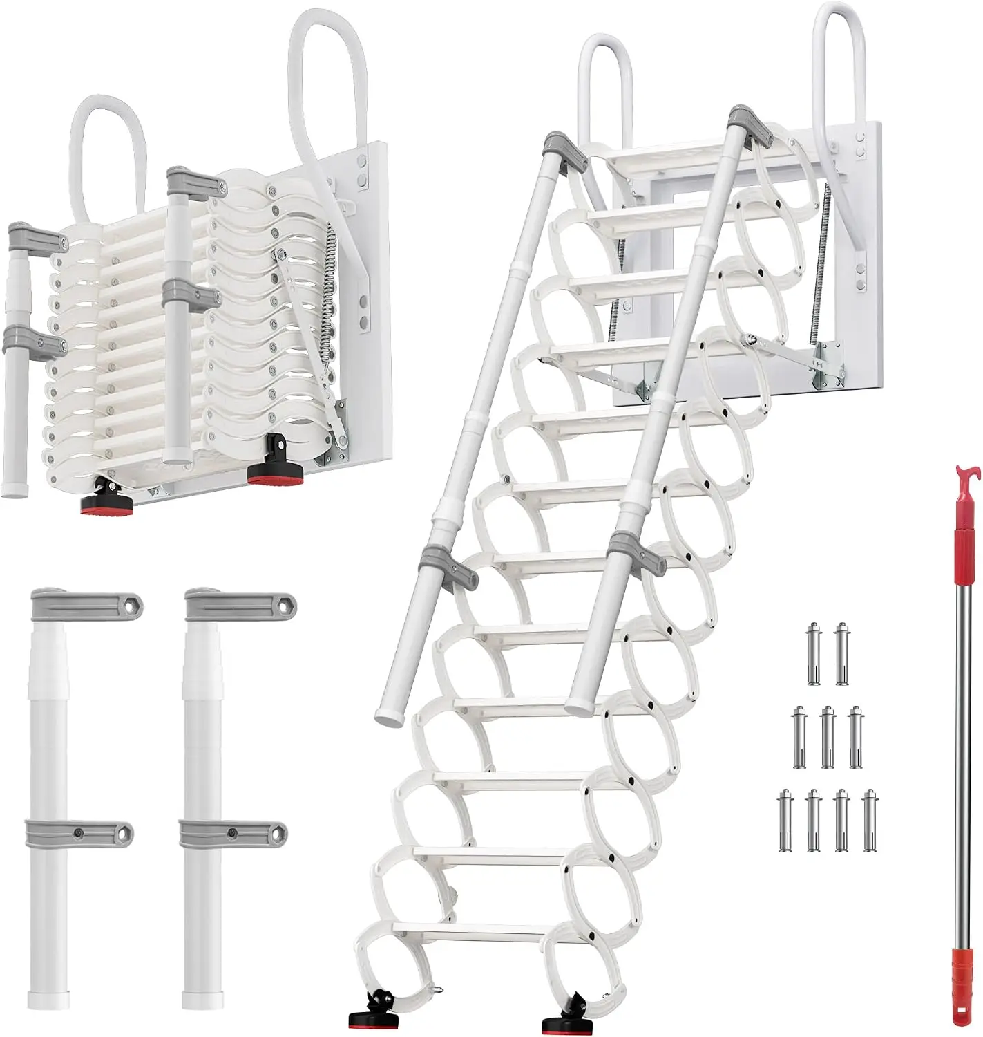 Wall Mounted Attic Ladder, 12 Steps Folding Loft Stairs with Armrests, Telescoping Retractable Ladder with Pull Rod, 600 LBS Load Capacity, White