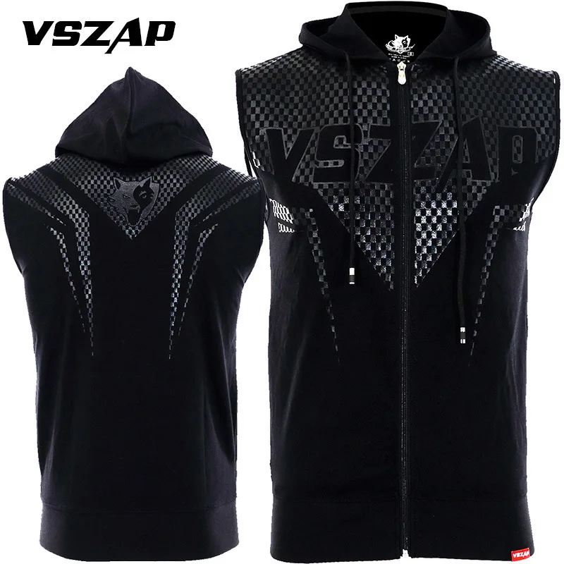 Vszap Summer Coat Sports Fitness Hooded Sleeveless Fighting MMA Slim-Fitting Cardigan Vest Blade Battle Suit