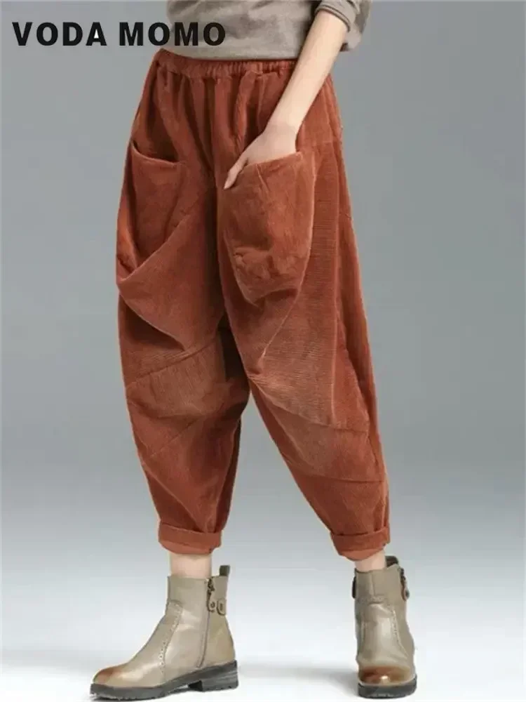 New Spring Autumn Women Corduroy Pants Trend Casual Loose Trousers Vintage Elastic High Waist Streetwear Wide Leg Haren Pants