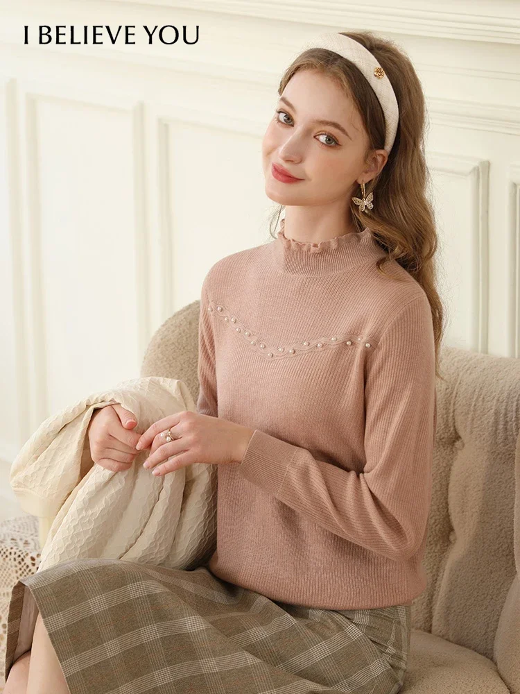 

I BELIEVE YOU Women Sheep Sweater Beaded Wooden Ear Lazy Winter 2023 New Soft Waxy Loose Mock Neck Sweet Knit Tops 2234125178