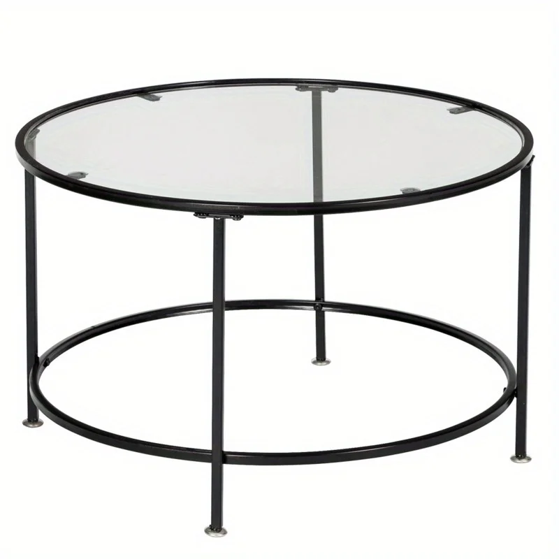 2 Layers 5mm Thick Tempered Glass Countertops Round Wrought Iron Coffee Table Black,