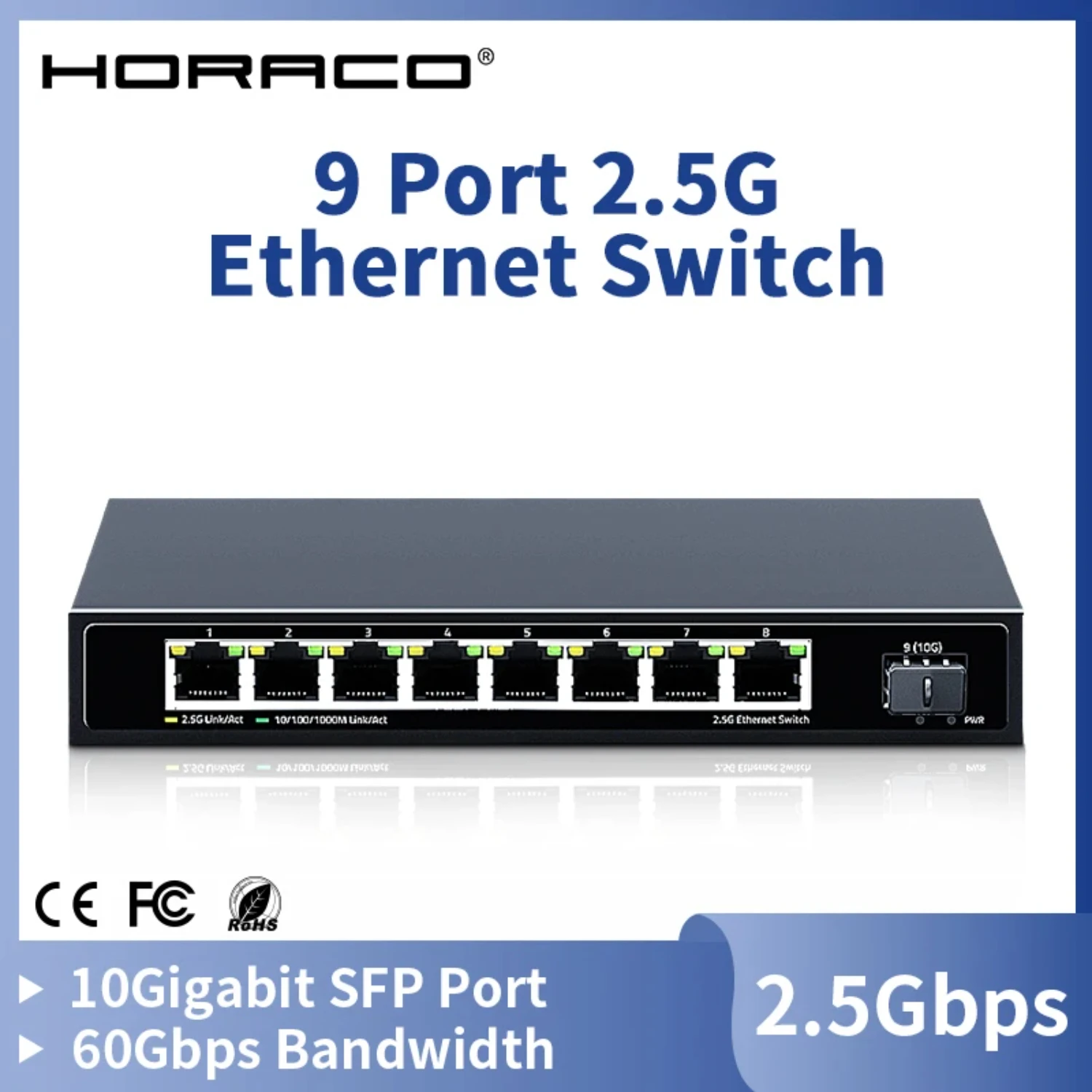 

8 Port 2.5G Ethernet Switch 2.5GBASE-T Network Switcher 10Gigabit Uplink Plug and Play Hub Internet Splitter Fanless