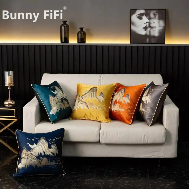 Splendid Mountains And Rivers Jacquard Cushion Cover Embroidered Luxury Home Decorative Pillowcase For Living Room Bedroom Decor