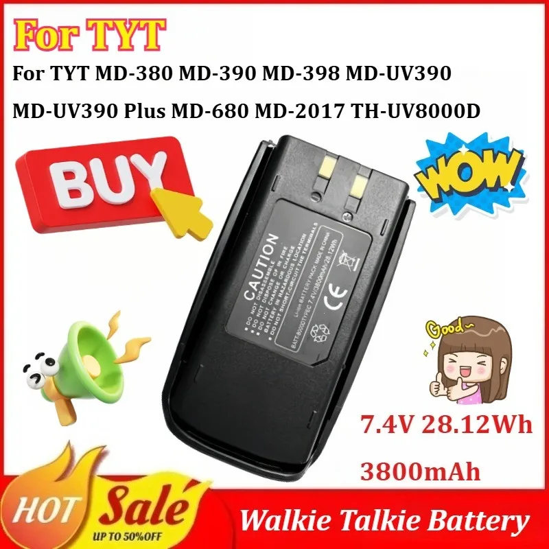 7.4V 3800mAh Walkie Talkie Battery for TYT TC-8000 MD-390 MD-UV390 Plus MD-680 MD-358 TH-UV8200 Type-C Port Supported