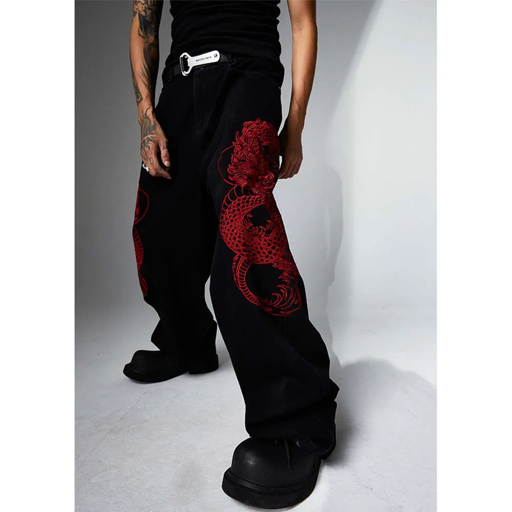 Embroidered Dragon Totem Jeans Hip Hop Baggy Jeans Streetwear Y2k Men’s Jeans Loose Wide Leg Denim High Quality