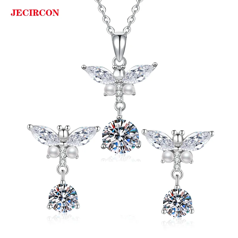 

JECIRCON S925 Sterling Silver Moissanite Jewelry Set Mini Pearl & Sparkling Zircon Butterfly Design 0.5ct Studs and 1ct Necklace