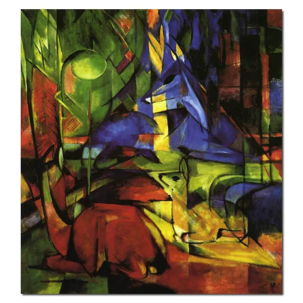 

Handmade Abstract Modern Canvas Art Deer in the Forest Franz Marc Oil Painting Colorful Animal Artwork Living Room Wall Decor