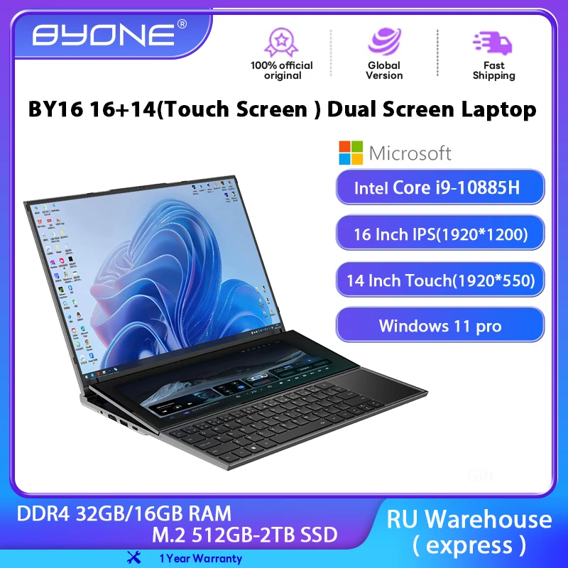 BYONE BY16 Dual Screen Laptop Intel Core i9 10885H 16.1 Inch + 14.1 Inch Touch Screen Gaming Laptop Business Notebook Compute