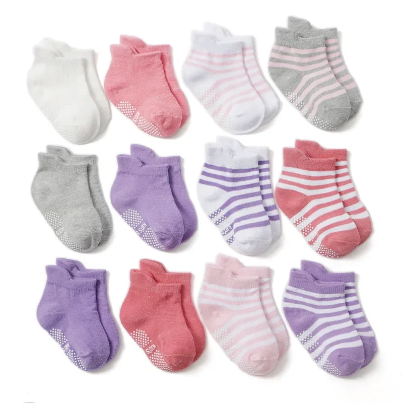 6 Pairs Cotton Children's Anti-slip Boat Socks Boys Girl Low Cut Floor Kid Sock with Rubber Grips 0-3Years