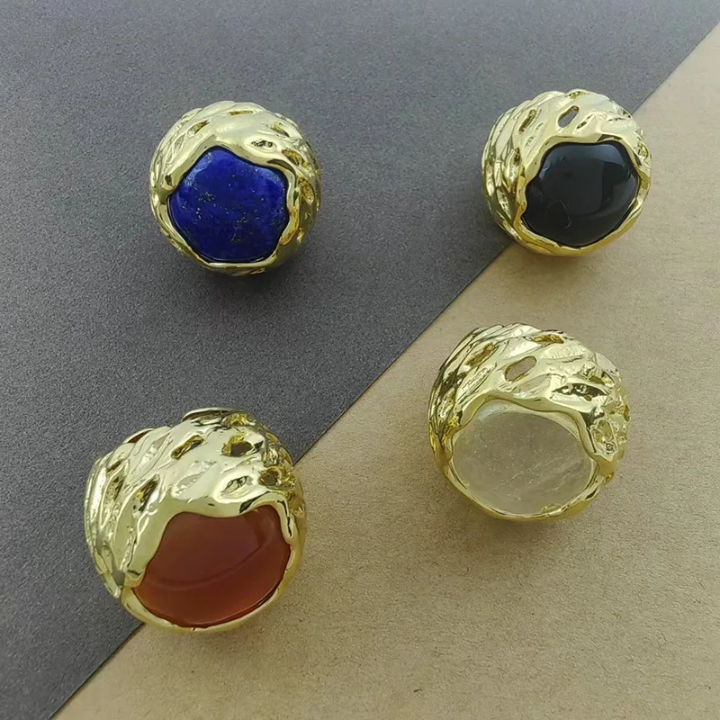 

Retro 14K Gold Filled Natural Chalcedony Round Cocktail Rings Lapis Aagte Crystal Band Band Uneven Handmade Jewelry Dropshipping