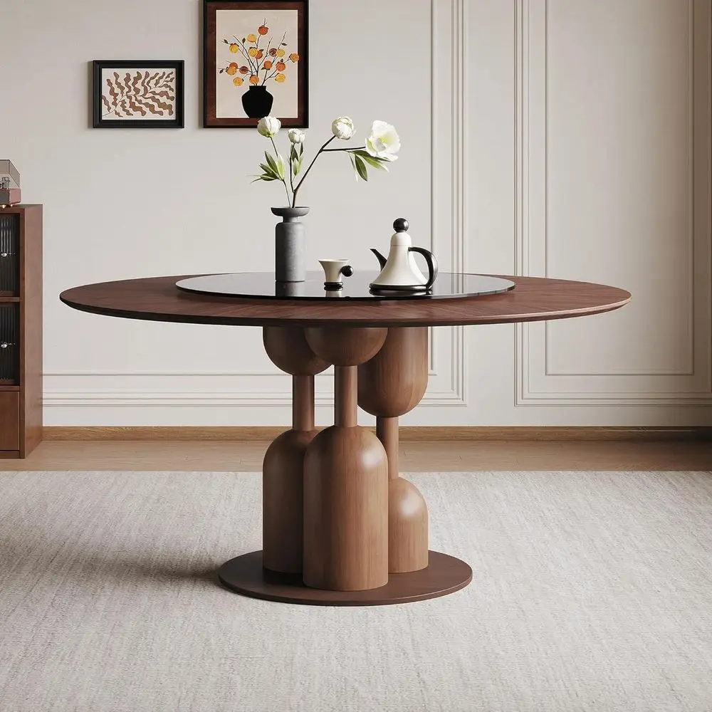 

59-inch Natural Oak Wabi-Sabi Round Dining Table with 35-inch Tempered Glass Lazy Susan, Handcrated Japanese Style Scutural Soli