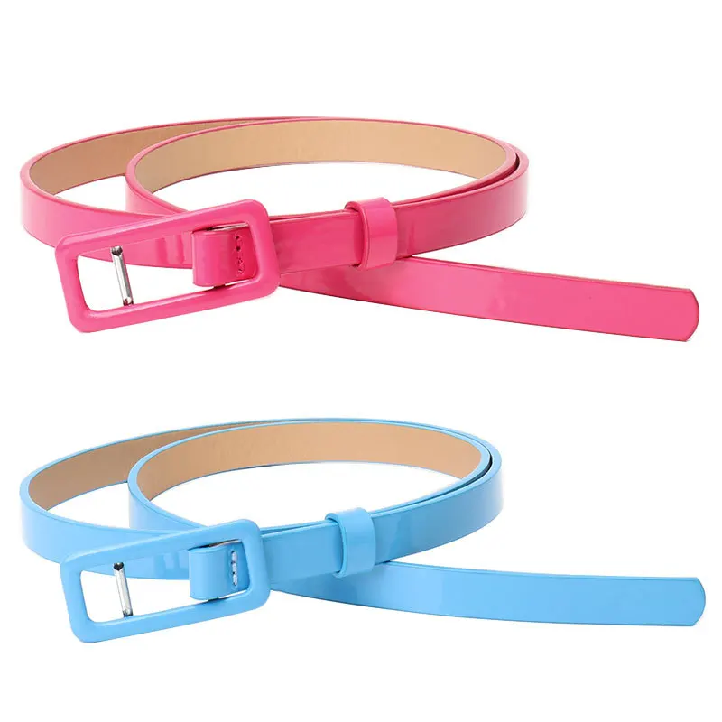Women Bright PU Leather Belt New Manufacturers Buckle Wholesale 1.4x103cm Thin Decorative Blue Jeans Popular Elements Factory