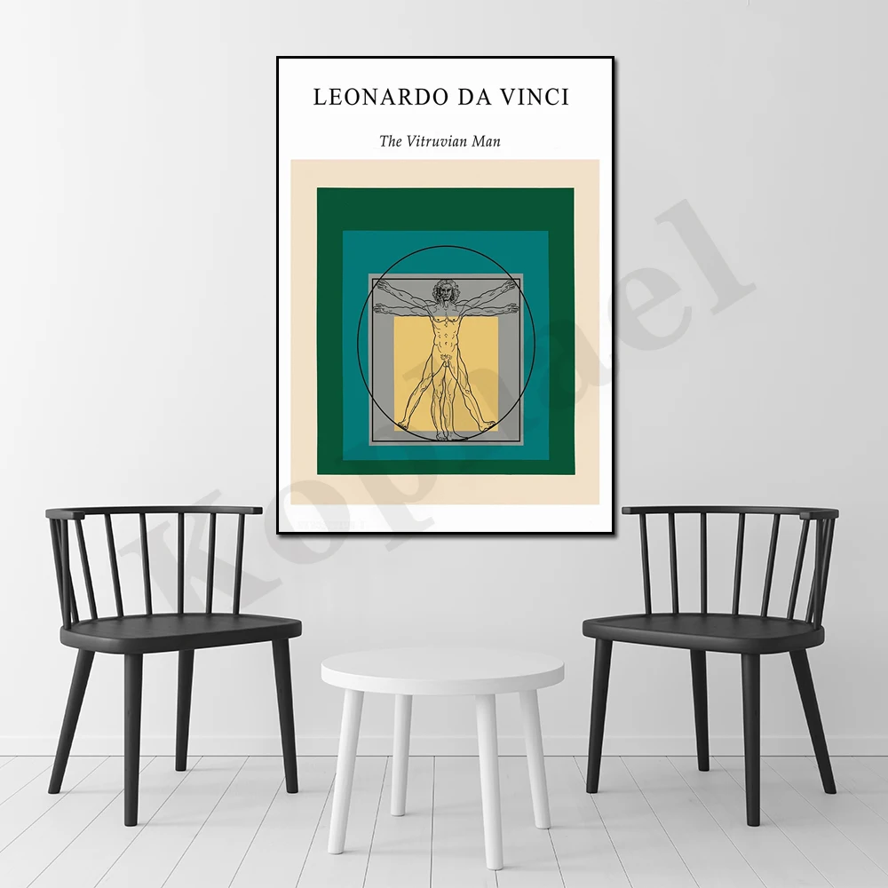 Витрувианский человек Леонардо да Винчи Статуя Искусство Бирюзовый Абстрактный Художественный Музей Цветной Блок Печать Настенный Художественный Плакат