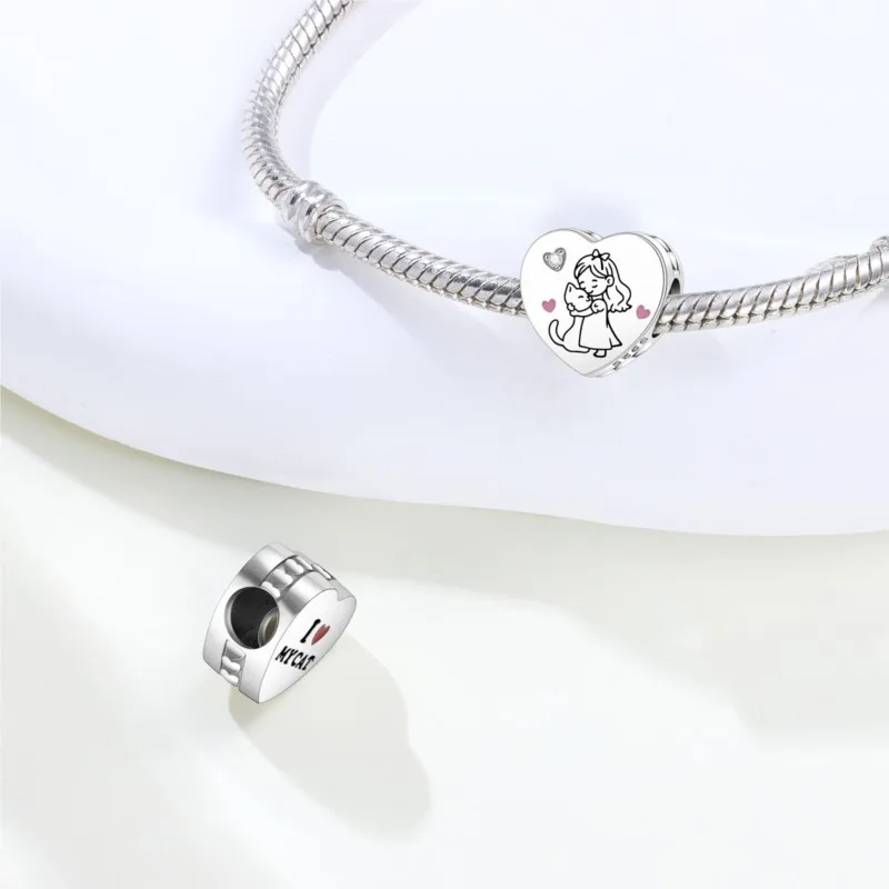 MISEFF جديد حقيقي 925 فضة أنا أحب قطتي دلايات الخرز شكل قلب أساور أصلية مجوهرات حفلة عيد ميلاد النساء