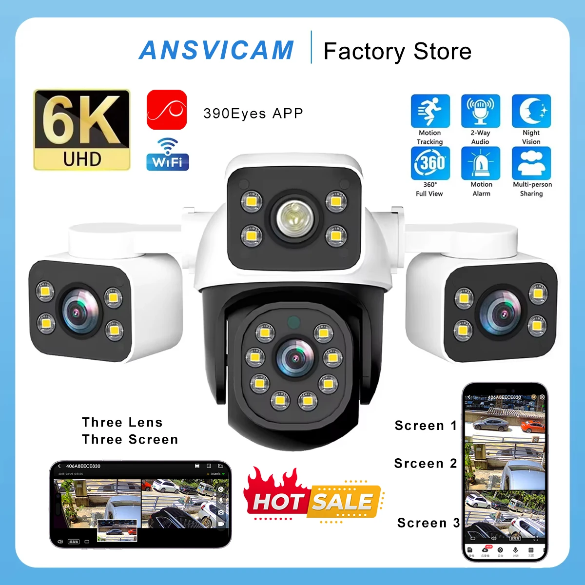 

6K 12MP WiFi IP Camera HD 3-Lens 3-Screen Outdoor Cam Human Type AI Detection Automatic Tracking Securit Monitoring IP CCTV