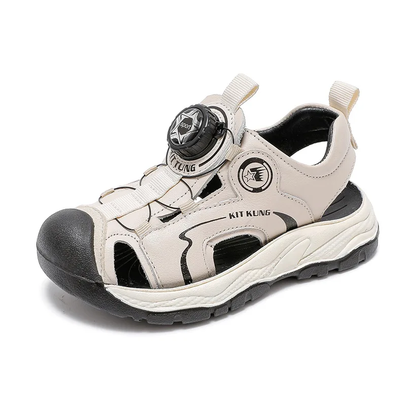 

2026 Summer Fashion Kids Sandals for Boys Leather Breathable Soft Sole Non‑Slip Rotating Buckle Closed Toe Beach Sports Shoes