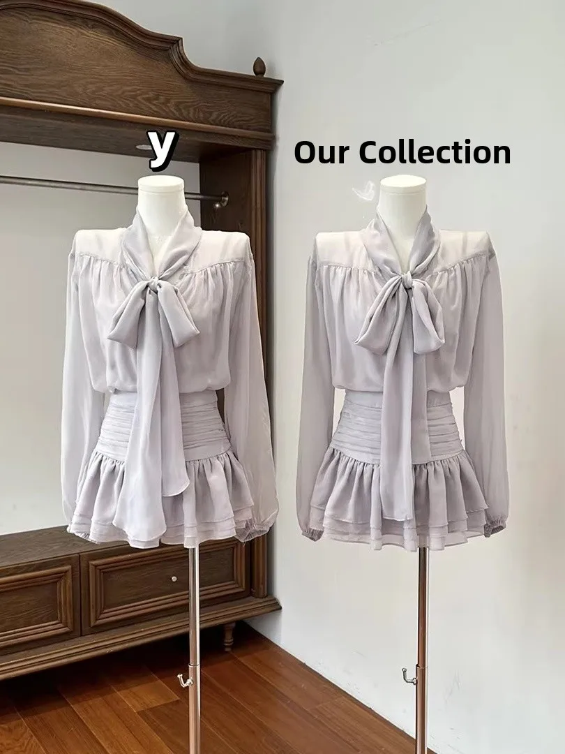 

Spring Summer Knot Shirt Women Slim High Waist Short Skirt Set Versatile Two Piece Set Breathable Polyester Fiber