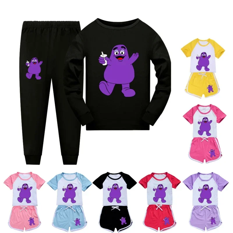 เสื้อผ้าเด็กสําหรับชายหญิง Grimace Shake ชุดนอนฤดูใบไม้ร่วงผ้าแขนสั้นชุดนอนเด็กเสื้อและกางเกงชุดชุด