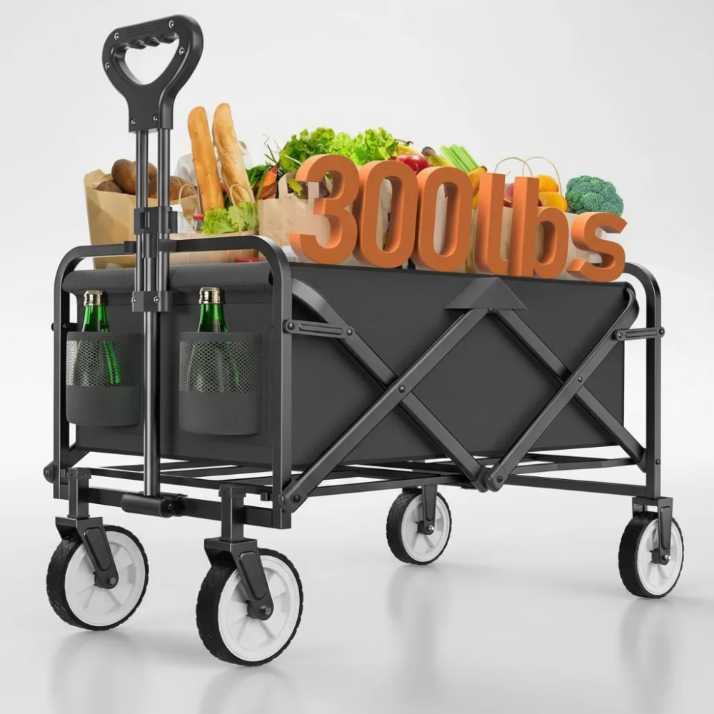 

Heavy Duty Foldable Wagon Cart with 300LBS Capacity, Portable Utility Cart for Beach Camping Shopping Sports Garden