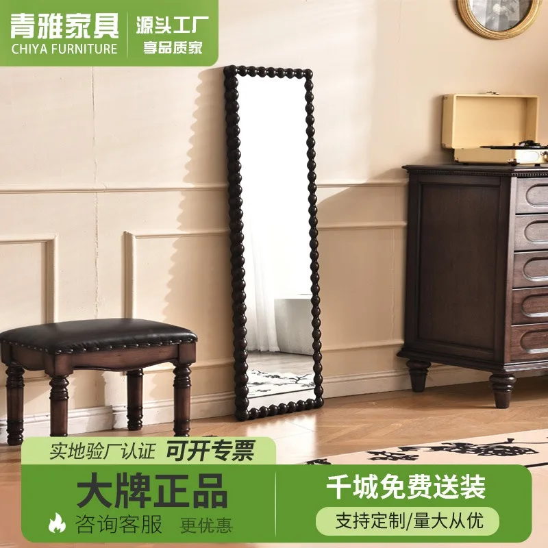 American wooden full-body mirror household antique wall-mounted full-length mirror black retro floor-to-ceiling mirror square ma
