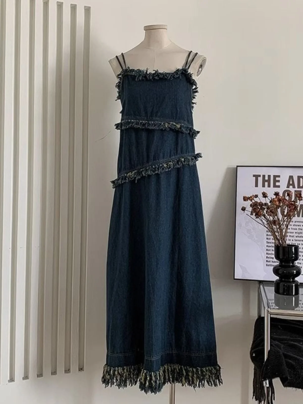 

Beaded Fringe Denim Suspender Skirt High Waist Loose Zipper Overall Dress 2024 New Fashionable Versatile College Style Frock