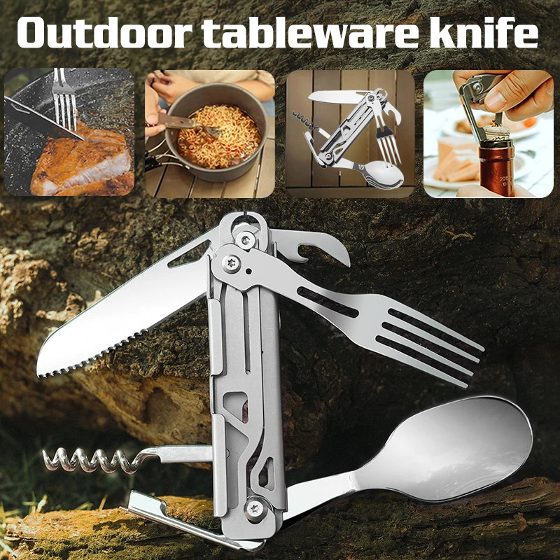 420 Stainless Steel Pocket Knife Multi-tool Portable Fork Spoon Outdoor Survival Camping Folding Knife Detachable Hand Tools