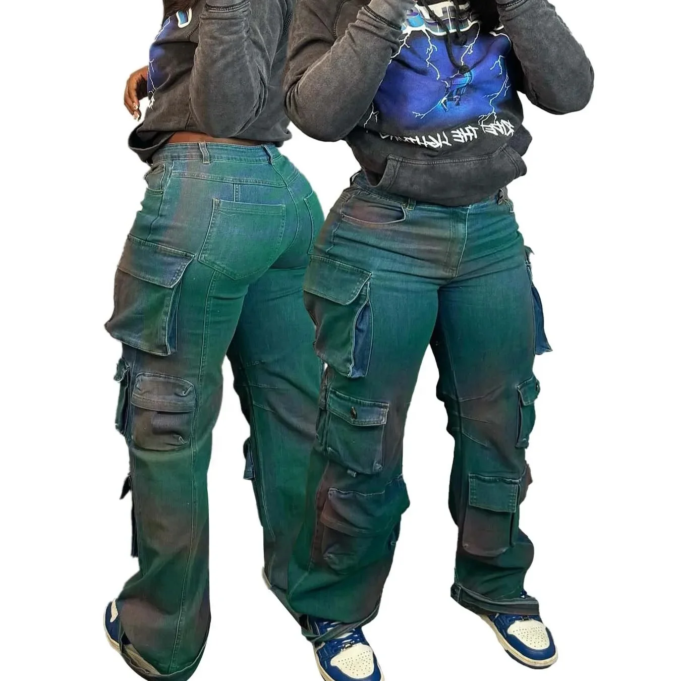 

High Quality Ladies Street Wear Fashion Green Cargo Pants Women Washed Tie Dye Denim Mid Rise Pockets Vintage Jeans Trousers