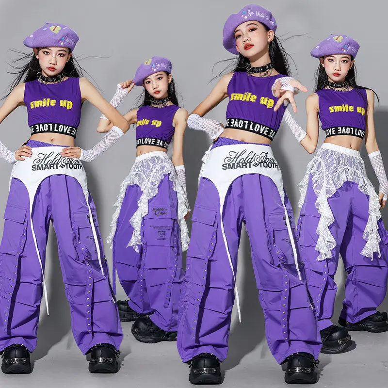 女の子ジャズダンス衣装子供パフォーマンスステージ着用紫ベストカーゴパンツ夏-kpop-ショー服ストリートダンスウェア-3701