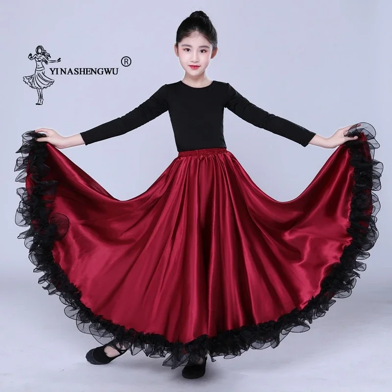 Gonna di flamenco spagnolo in raso solido con lacci Costumi di danza del ventre femminile 360-720 gradi Ragazze Bambini Sala da ballo Madre figlia Abito