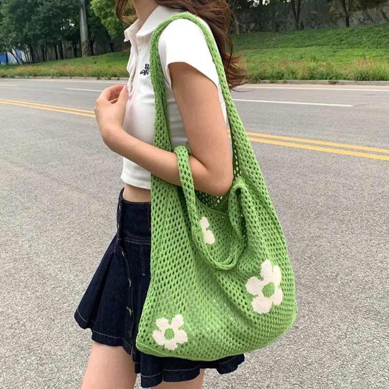 

New Japanese and Korean Instagram Girl Tote Bag Cute Flower Bag Knitted Bag Mesh Hollow Shoulder Bag Female Trendy