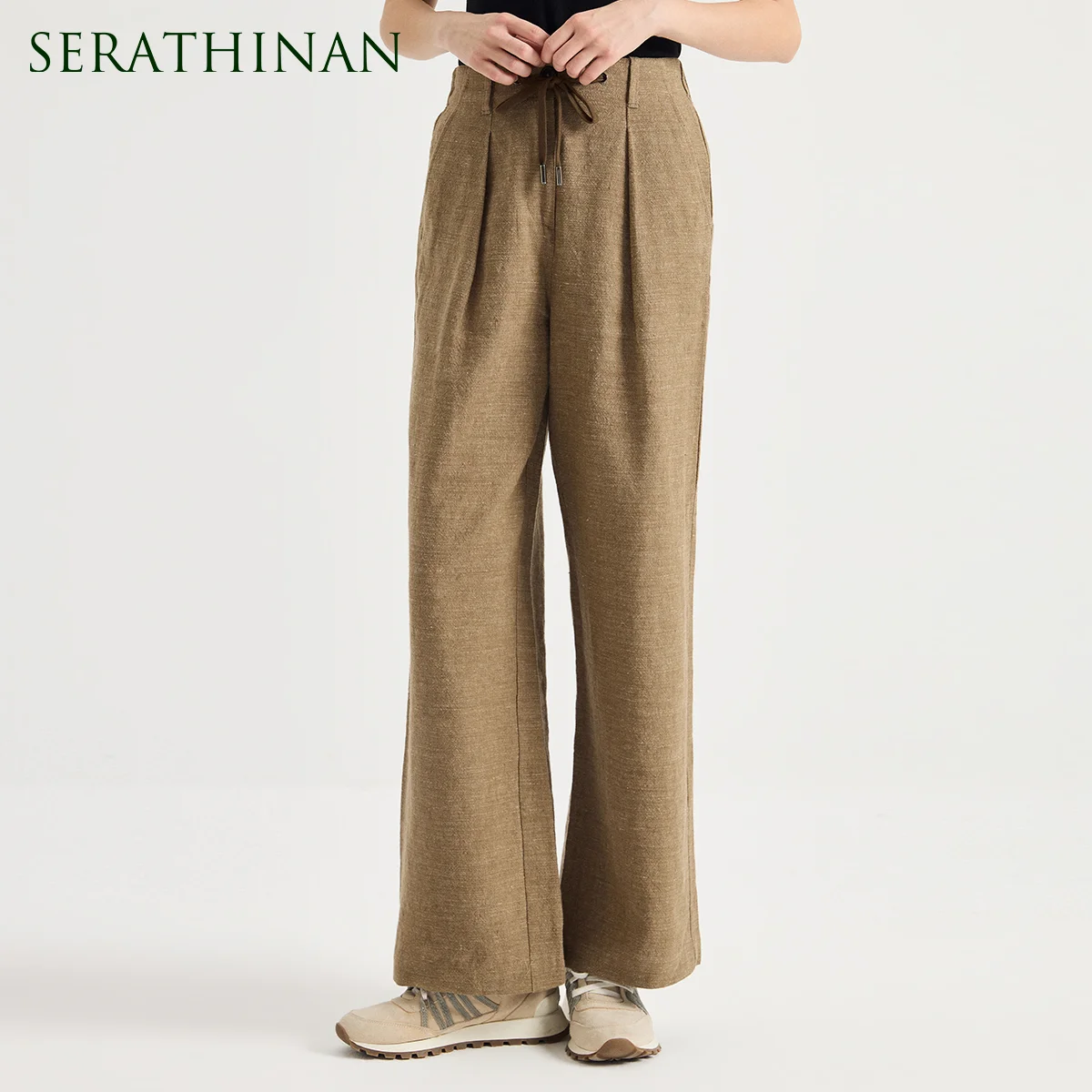 KT9623990 Women's Linen Wool Blend High Waist Wide Leg Pants Front Pleat Drawstring Back Flap Pockets Timeless Quiet Luxury Fall