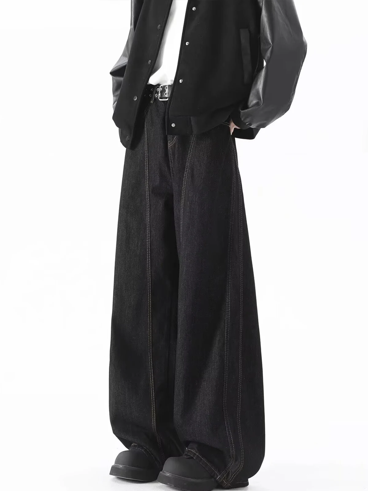 الأمريكية Sle خمر فضفاض عادية واسعة الساق مستقيم قطع طويل الجينز الرجال ربيع الخريف العصرية العلامة التجارية سكين الجينز