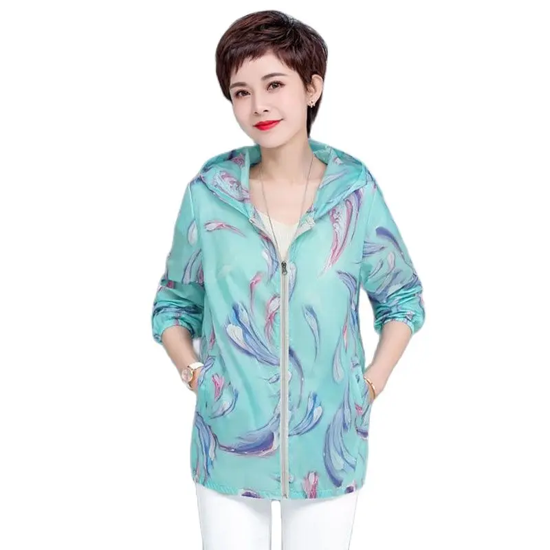 

Summer Leisure Printing Women's Sun Protection Clothing Anti-UV Female Coat Breathable Loose Wild Hooded Ladies Thin Jacket