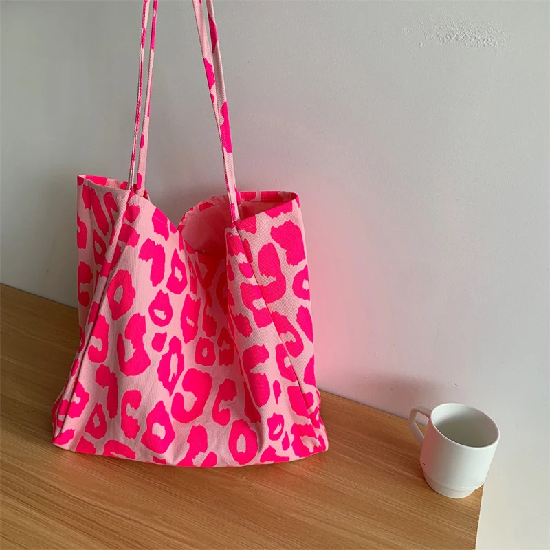 Large Capacity Casual Tote Bag Leopard Shoulder Bag Ladies Canvas Handbag Women's Travel Shopping Bag