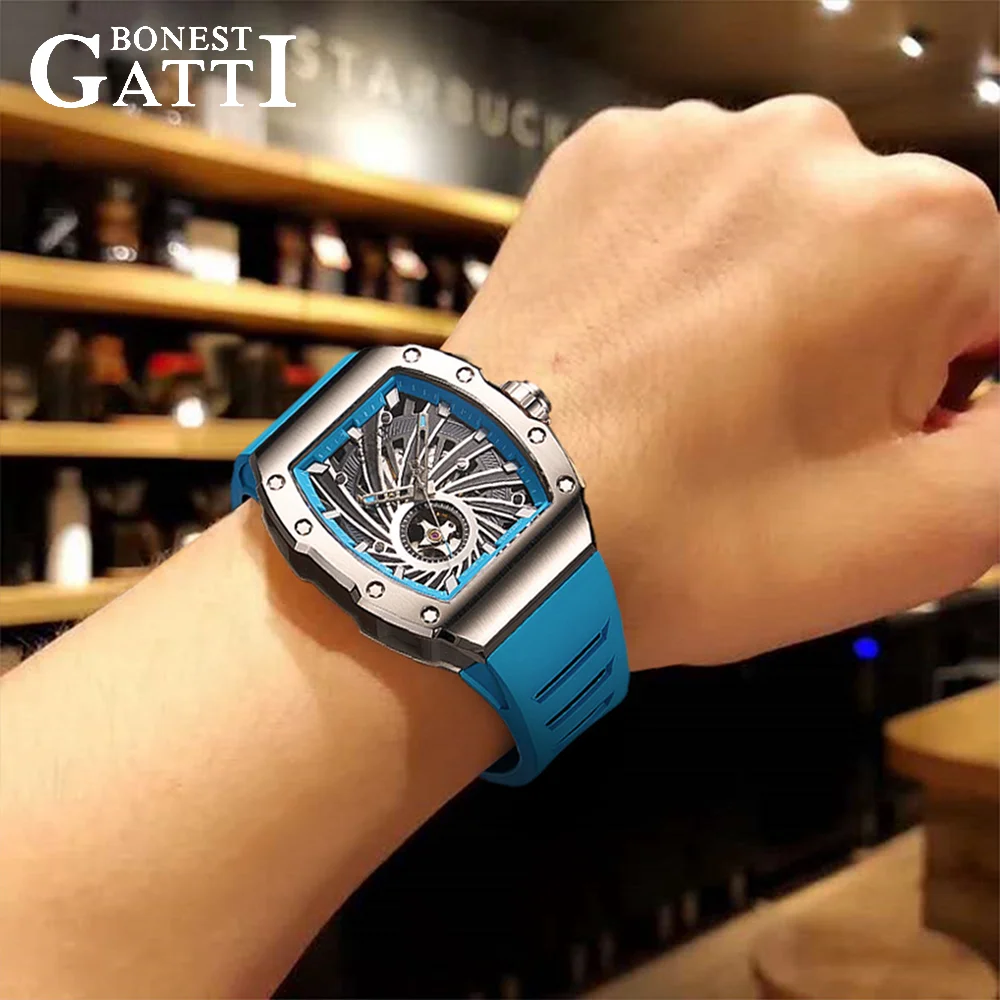 BONEST GATTI Men Luxury Trendy Automatic Mechanical Movement Wristwatch Tonneau Skeleton Steel Case Rubber Strap German Craft