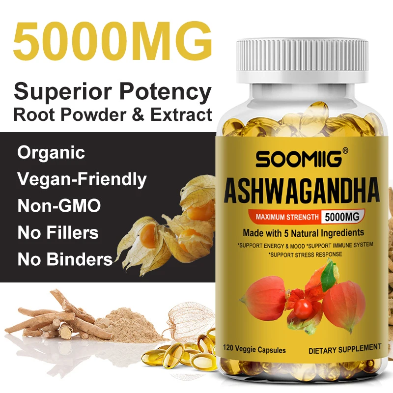 Organic Ashwagandha Capsules 5000 Mg Promotes Stress Relief, Natural Mood and Focus, Natural Energy Supplement, Unisex