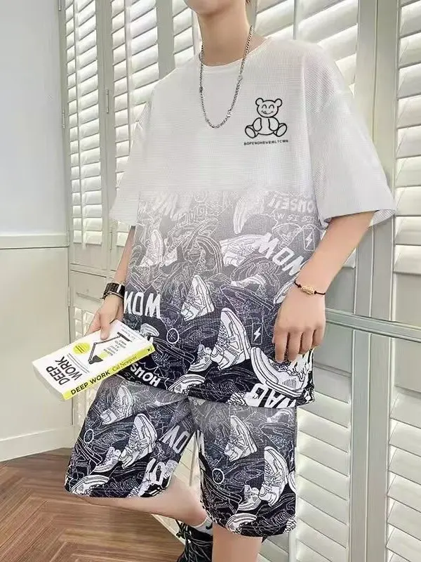 

Men's Pure Cotton ort Sve T-irt Spor Casual Set Summer Thin Sle Ice Silk Top with orts Faionable Youthwear