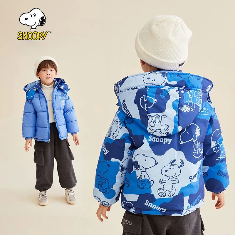 Snoopy Peanuts Cartoon Cute Print Children's Winter Two-Wear Double-Sided Hooded Warm Cotton Clothes Loose Casual All-Match Top