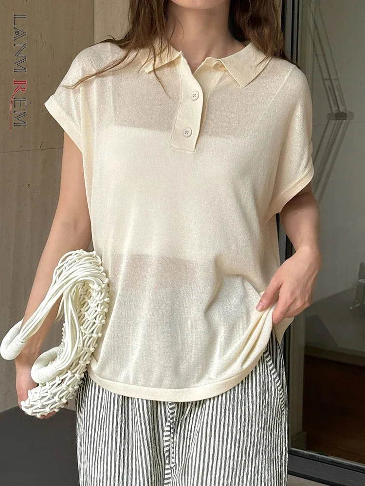 LANMREM Minimalism Lapel Short Sleeve T-shirt For Women Solid Office Lady Sunscreen Female Tops 2024 Summer New 26D9549