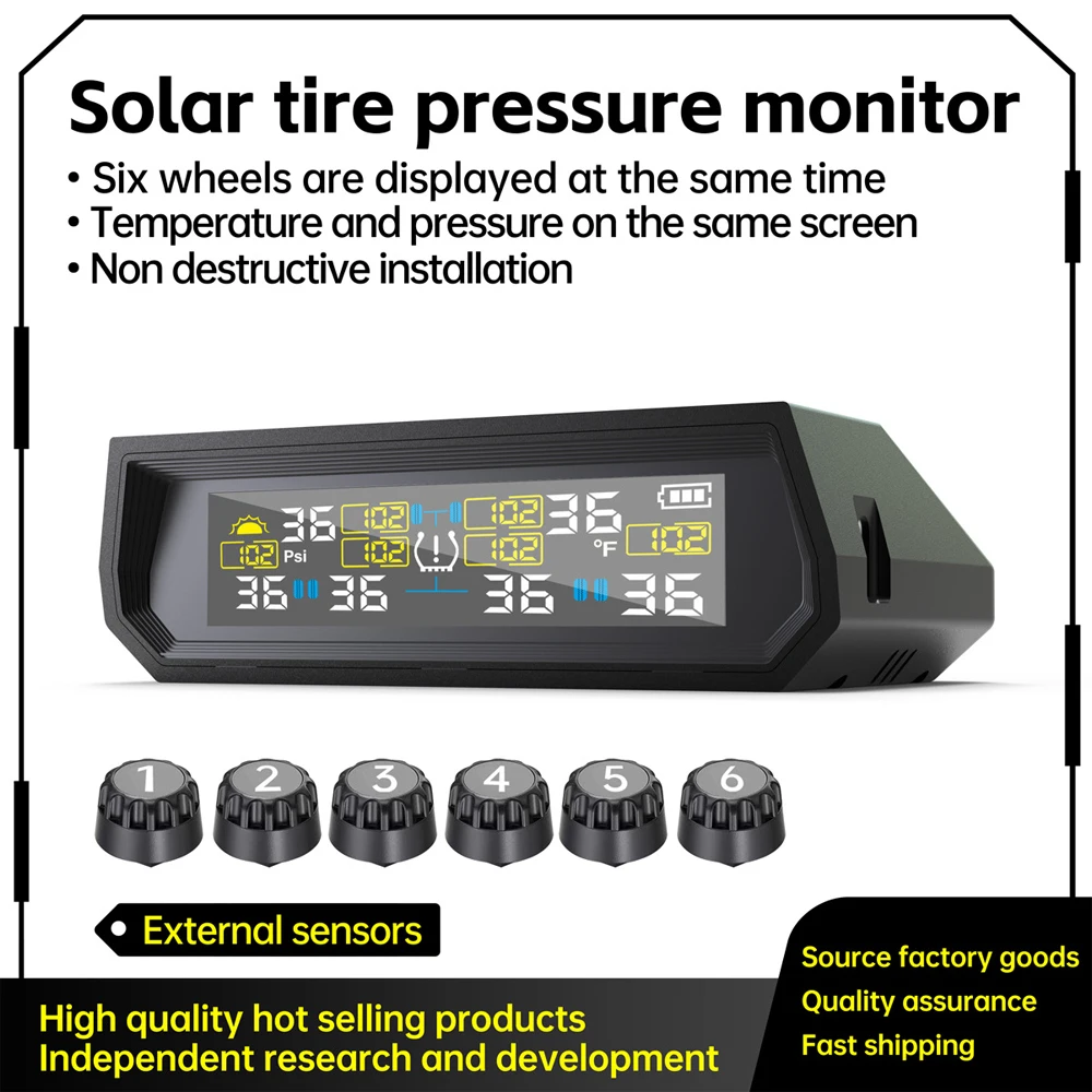 

Солнечная система контроля давления в шинах, умная охранная сигнализация, TPMS, температура в шинах, высокоточный мониторинг грузовика, автофургона с 6 датчиками