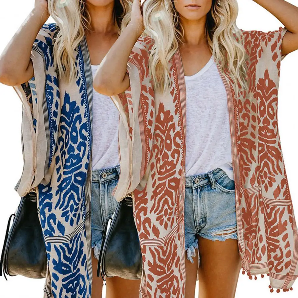 Swimsuit Cover Up Breathable Tassle Ball All matched Vintage Print Loose Beachwear Cover Up Swimwear Coat Sun Protection