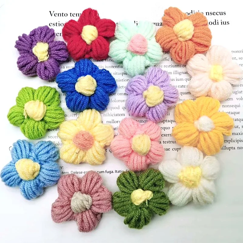 10Pcs Hand Knitting Yarn Wool Flower Heads Crochet Flower DIY Handmade Headdress Hats Bags Clothes Brooch Jewelry Accessories