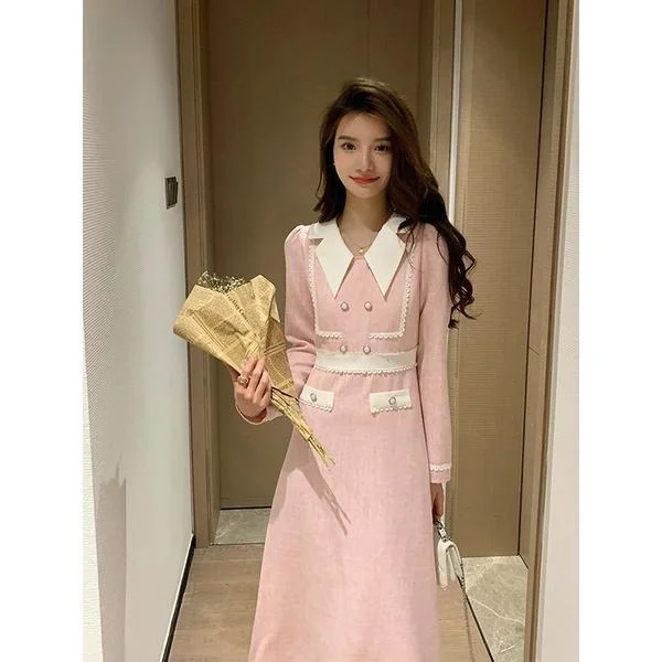 

New Celebrity Luxury Women Work Long Dress Autumn Elegant Temperament Slim Waist Pink Small Fragrance Streetwear Japanese Korean